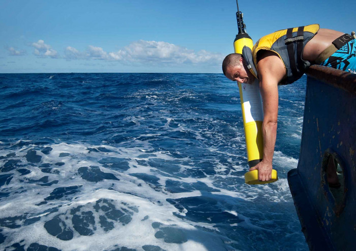 An Argo float is dropped into the ocean off RV Kaharoa 